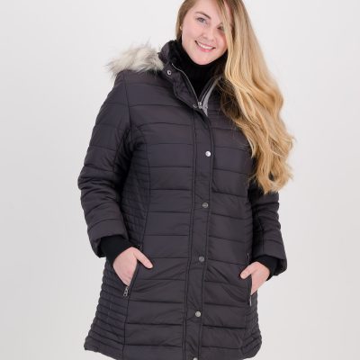 GiLo Lifestyle Ladies Dark Charcoal Long Puffer Jacket with Faux Fur Hood - front - Shopfox